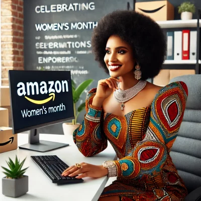 DALL·E 2025-03-16 23.52.32 - A powerful and confident Afro businesswoman working on a computer with the Amazon logo on the screen, celebrating Women's Month. She is wearing elegan